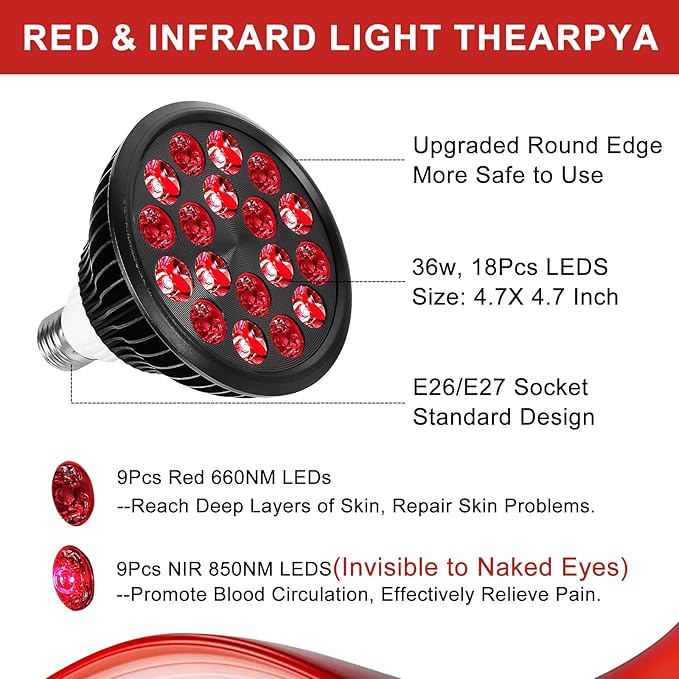 Red Light Therapy Bulb, 18 LEDs Lamp for Body and Face with 660nm Red and 850nm Infrared Light Therapy Device for Skin Care Pain Relief Suitable E26 Socket-Only Bulb