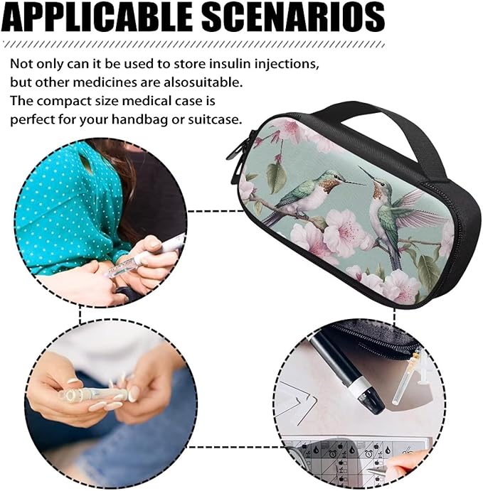Hummingbird Floral Insulin Cooler Travel Case for Insulin Pen Durable Medical Cooler Bag Insulin Storage Bag for Diabetes and Other Diabetic Supplies for The Daily Life and Trip