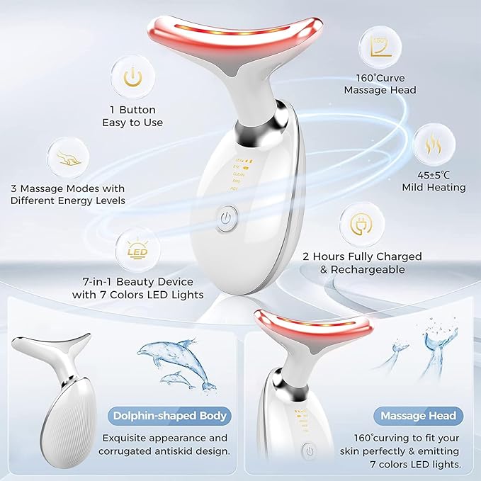 Device | 7-in-1 Red Light Therapy for Face and Neck - 7 Colors, Smart Vibration | Red Light Face Massager Tool - Effectively Remove Wrinkles, Lift Neck, Portable Skin Care Tool (White)