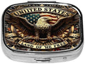 ABLESKY Pill Box, 2 Compartment Pill Organizer Case for Pocket or Purse, Small Portable Metal Travel Medicine Box with Mirror, Daily Vitamins Fish Oil Container-Patriotic Bald Eagle USA Flag