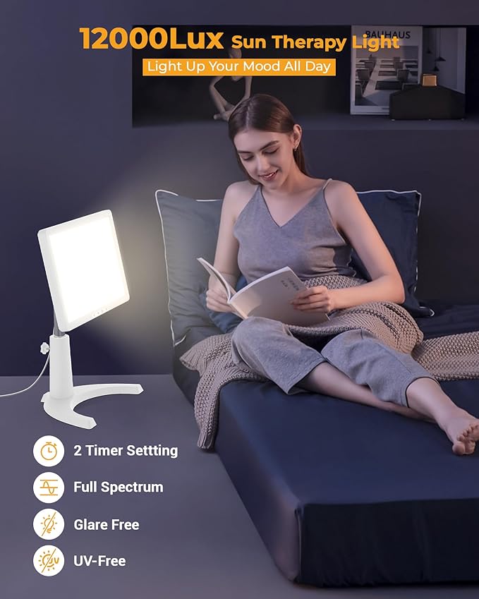 Light Therapy Lamp, 12000 Lux Full Spectrum 3 in 1 Therapy Lamps LED Sunlight, Adjustable 10 Brightness 5 Color Modes, Timer, Height, Angle& Detachable Stand, White