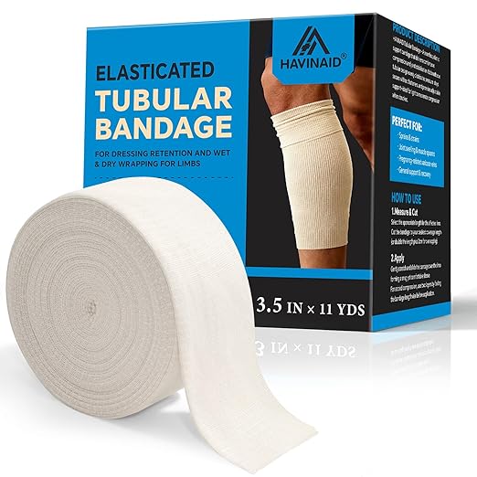 Latex-Free Elasticated Tubular Support Bandage with Stockinette Fabric, Breathable Tubular Compression Sleeve for Joint & Tissue Support on Arms, Knees, Legs (3.5" x 11 Yards) Size E