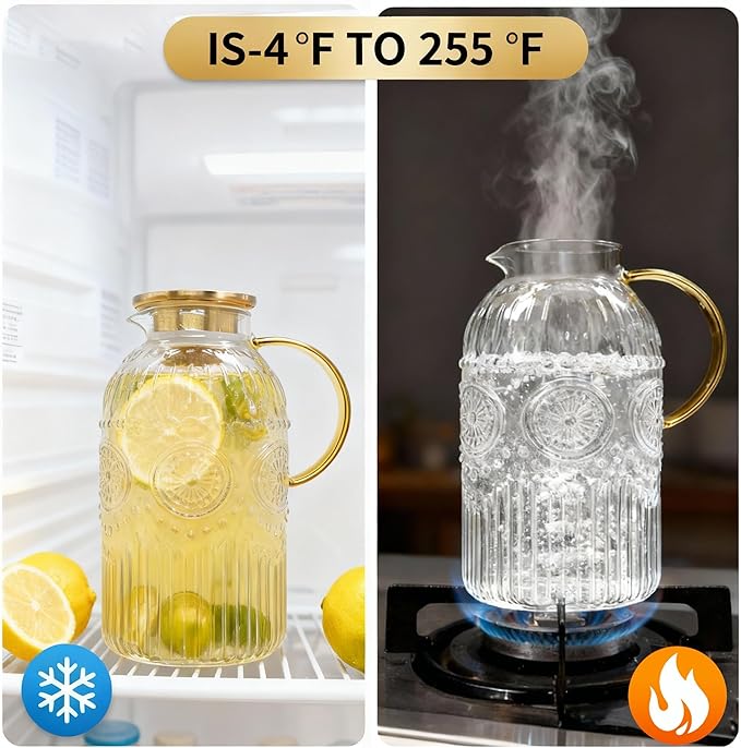 Amzcku Glass Pitcher with Lid, 1 Gallon/128 oz Vintage Water Pitcher,Water Carafe for Cold Brew, Coffee, Lemonade, Iced Tea,Beverage, Heat Resistant Water Glass Jug 1Pack