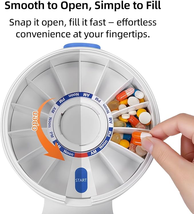 EziMedPil Pill Dispenser Daily, 14 Days Large Pill Organizer with One-Press Button, Standing Use or Wall-Mounted or Glass-Sticking Pill Container w/Med Cup, Weekly Pill Box for Vitamin,Medicine (Blue)
