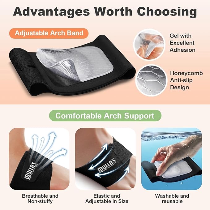 Wearable Arch Support Inserts for Women & Men – 2 Adjustable Heights, Non-Slip Breathable – Plantar Fasciitis Relief Arch Band for Flat Feet, High Arches