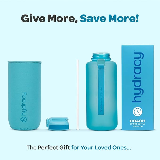 Hydracy Water Bottle with Time Marker -Large BPA Free Water Bottle & No Sweat Sleeve -Leak Proof Gym Bottle with Fruit Infuser Strainer & Times to Drink -Ideal for Fitness Sports & Outdoors
