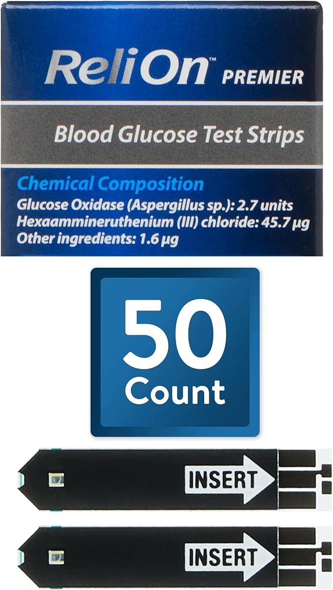 Blood Glucose Test Strips | 50 Count | Diabetic Supplies for Glucose Monitor | Accurate Blood Glucose Monitoring | Tiras para Medir la Glucosa | Compatible with ReliOn Premier Meters