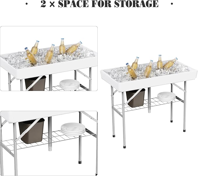 Allpop 4 Foot Folding Ice Cooler Table with Matching Skirt, Portable Patio Table with Grid Rack & Drain Hose for Party Bar Picnic BBQ Camping Wedding, White