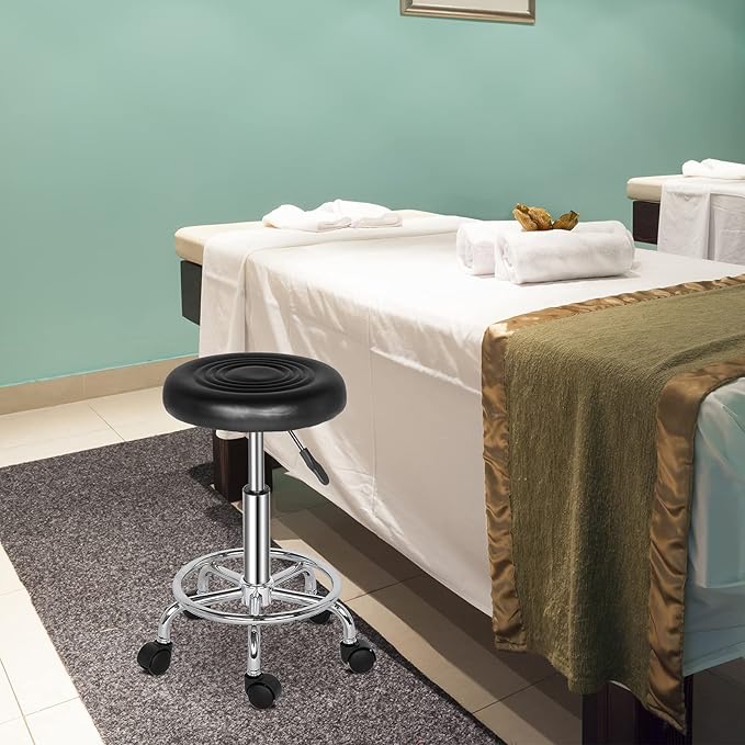 Round Rolling Bar Stool PU Leather with Wheels and Foot Rest, Height Adjustable Task Work Drafting Chair with Back for Salon Spa Tattoo Facial Medical Office Chairs (Black)