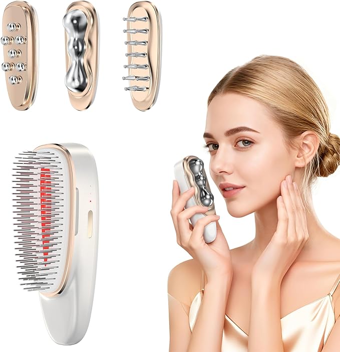 Vitalight Face & Neck Beauty Massager with 4 Replaceable Massage Heads, Cold Heat Facial Massager,Hair Growth Comb with Red/Purple Light,Multi-Functional Face, Neck, Hair Care Tools