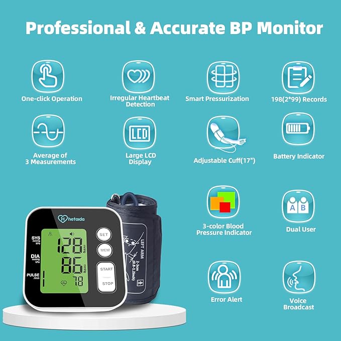 Hetaida Upper Arm Blood Pressure Monitor – Large Backlit Display, Voice Prompt, USB & Battery Powered, 2‑User Memory, FDA Cleared for Home Use