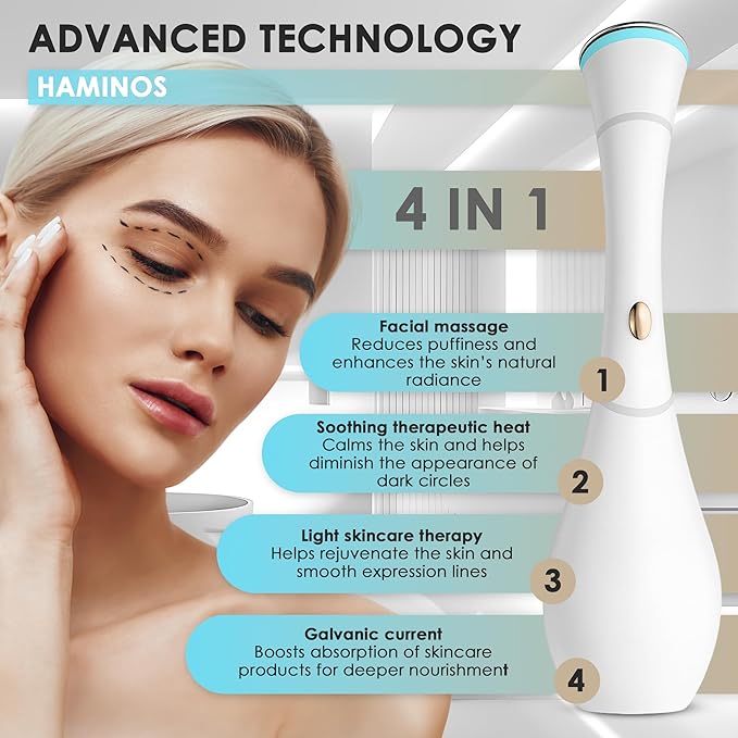 Eye Massager Wand with Heat, Vibration & Red/Blue Light, Ionic (Galvanic) Skincare Absorption, USB‑C Rechargeable with Charging Base, Helps Reduce the Look of Puffiness & Dark Circles