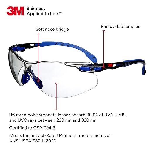 3M Safety Glasses, Solus 1000 Series, ANSI Z87, Scotchgard Anti-Fog, Indoor/Outdoor Grey Lens, Blue/Black Frame, Pack of 1