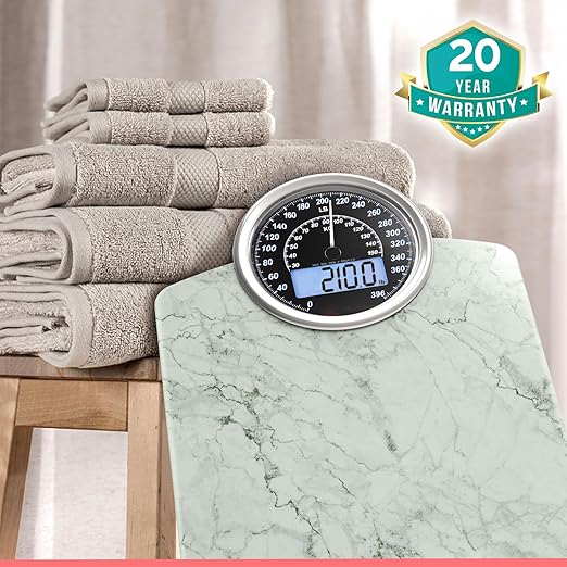 Adamson Hybrid 2-in-1 Analog & Digital Weighing Scale for Body Weight up to 400lbs - Thick Tempered Glass - Extra Large Display - Easy to Read Digital Bathroom Scale - New - Marble White