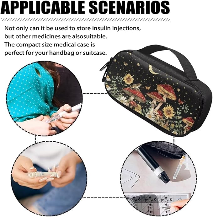 Mushroom Floral Insulin Cooler Travel Case for Diabetic Organizer Portable Scratches-Proof Medication Insulated Cooling Bag for Insulin Pens and Other Diabetic Supplies Easy to Use