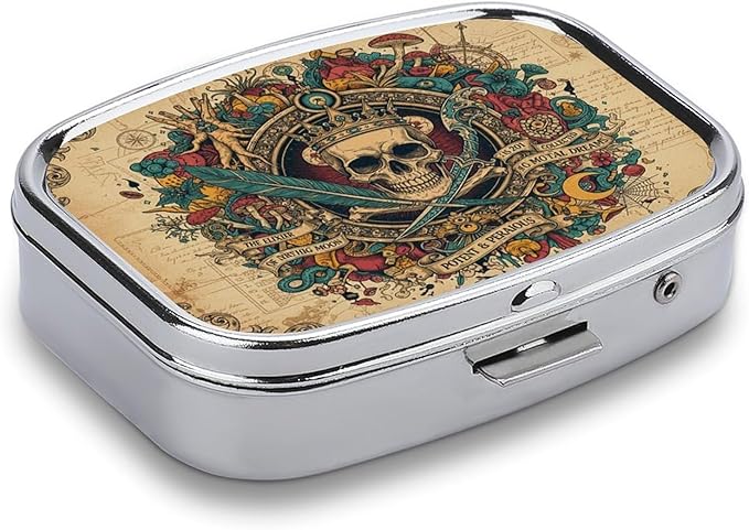 Metal 2 Compartment Pill Organizer Travel Friendly Portable Compact Pill Box Cute Pill Case,for Pocket Wallets Daily Portable Medicine Vitamin Tablet Storage (The Skeleton Wearing a Crown)