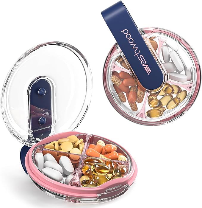 AV00Z 4 Compartment Travel Pill Organizer, Cute Small Pill Box, Pocket Pharmacy for Purse or Pocket, Portable Daily Pill Case Moisture Proof for Vitamin, Cod Liver Oil, Supplements, Medication, Blue
