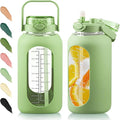 Glass Water Bottle with Straw and Handle Lid Half Gallon Motivational Glass Bottle with Silicone Sleeve and Time Marker Large Reusable Sports Water Jug for Gym Home Workout