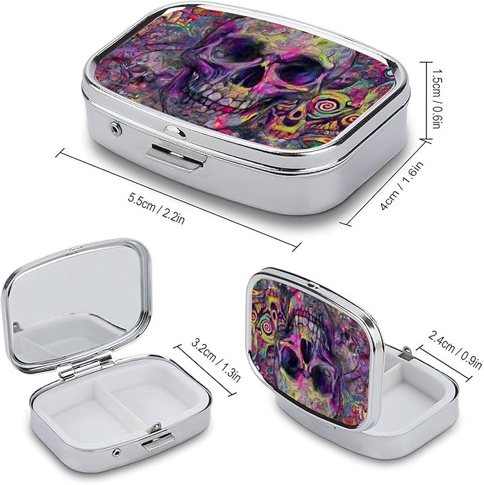 Metal Pill Organizer – 2-Compartment Pocket Pill Box for Vitamins, Supplements, Medications – Compact Travel Case (Psychedelic Skull Frenzy)