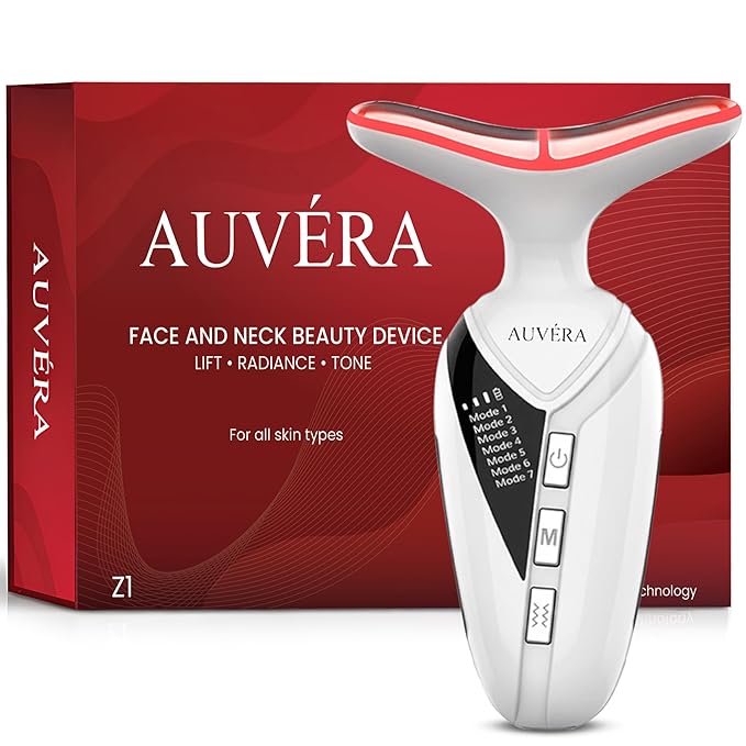 AUVERA 7-in-1 Face & Neck Beauty Massager with Light Therapy, Heat and Smart Vibration for Wrinkles, Fine Lines & Skin Tone | Multi-Light Therapy for Lift, Radiance & Smooth Skin, Z1 - White