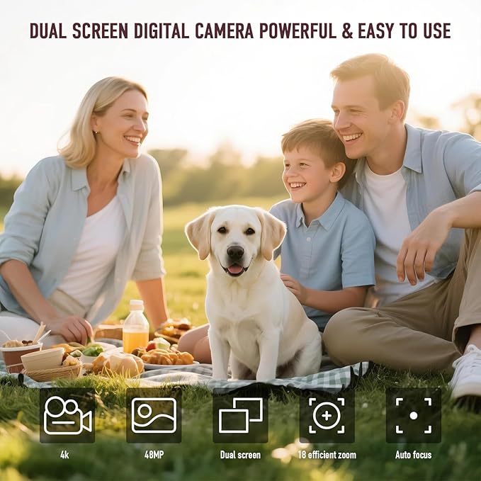 Digital Camera, 4K 48MP Autofocus Dual Screen for Selfies, 18X Zoom Fill Light, Portable Point and Shoot Camera with 32GB SD Card for Kids, Teens, Girls, Boys- Black