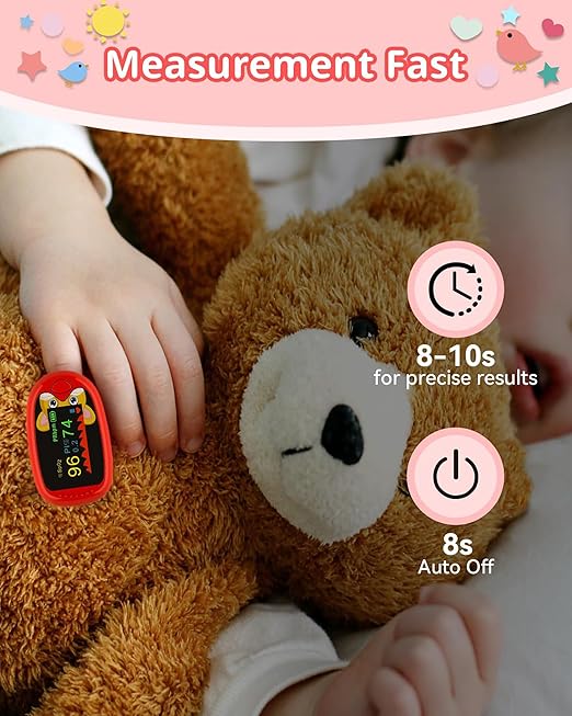 Pulse Oximeter for Kids (Aged 2-12) Rechargeable Children Oxygen and Heart Monitor Fingertip Blood Oxygen Meter Lanyard Portable Digital Oxygen Saturation Monitor (red)