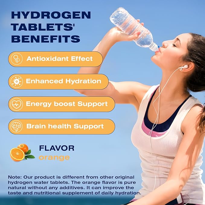 Hydrogen Water Tablets - H2 Molecular Hydrogen Tablets for Drinking Water,8PPM with Magnesium,Orange Flavor,60 Count,Electrolytes Hydration Support Energy,Brain Health,Antioxidant,Non-GMO