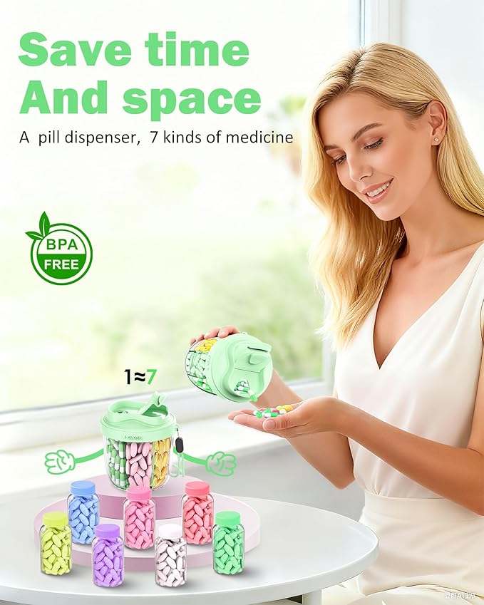 Cute Pill Organizer,Pill Dispenser with 7 Large Compartments,Portable Pill Bottle Box with Wide Opening for Easy Use, Anti-Mix Pills Organizer for Travel,Includes 20 Pcs Sticky Labels（Green）