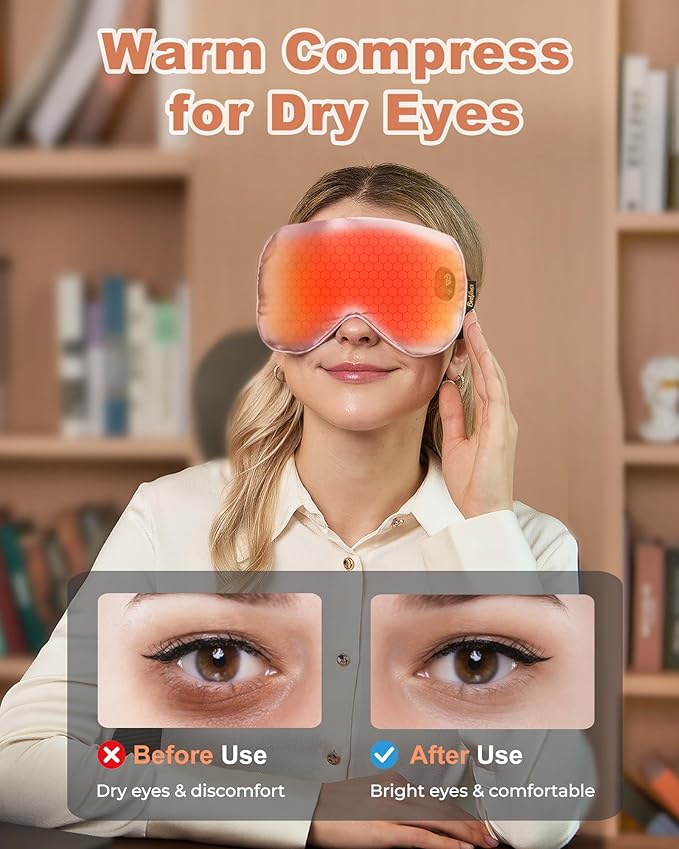 BeeVines Cordless Heated Eye Mask for Dry Eyes, Washable Heat Eye Masks for Blepharitis, Warm Eye Compress for Men & Women, 1500mAh Rechargeable Eye Warmer with Travel Pouch(Pink)
