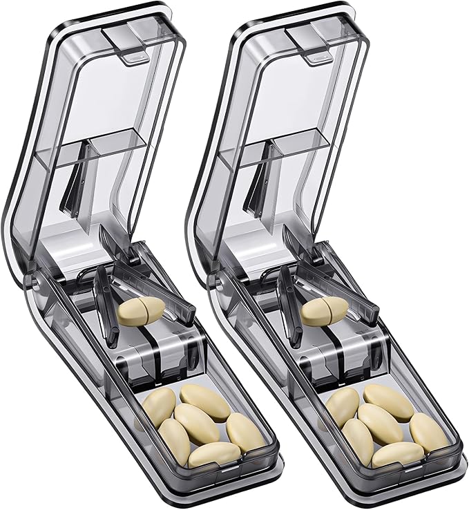 2-Pack Pill Cutter for Small or Large Pills – Professional Pill Splitter with Sharp Stainless Steel Blade, V-Shape Holder & Doubles as a Pill Organizer – Not Suitable for Tiny Pills