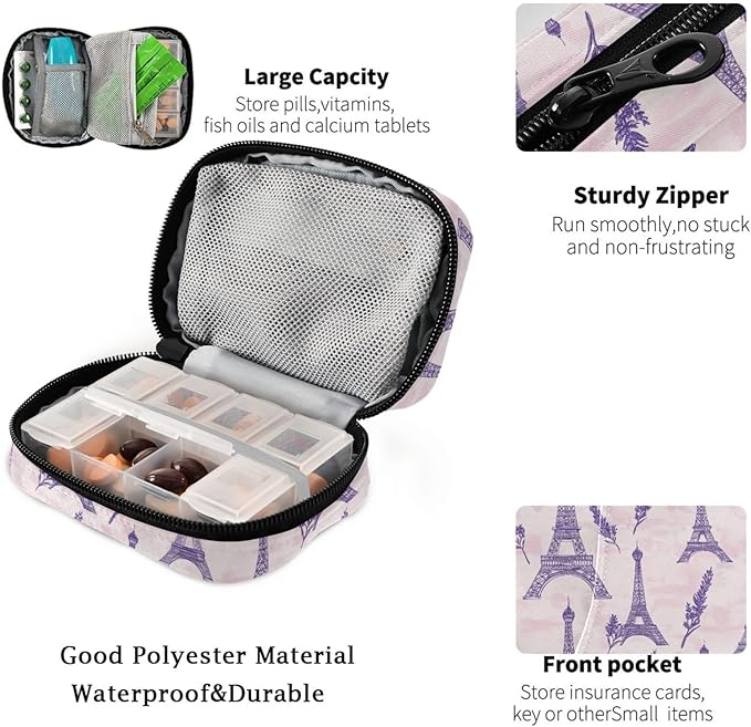 Fustylead Romantic Purple Eiffel Tower and Lavender Travel Pill Organizer Bag with Zipper Small Pill Box 7 Day Pill Case for Purse Storage Weekly Vitamin Medicine Supplement