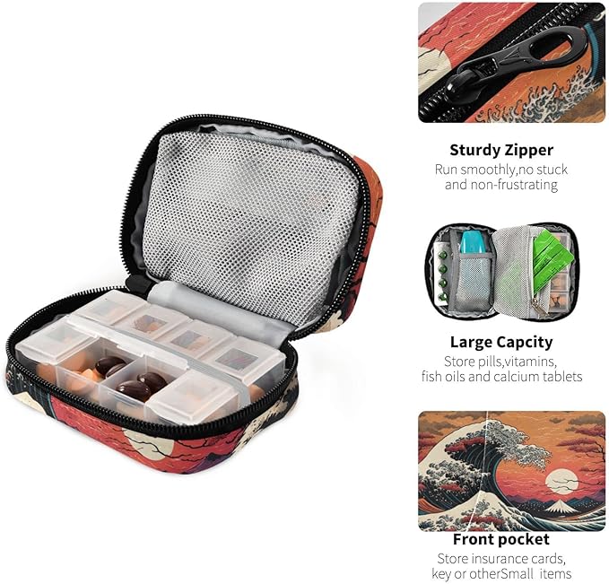 Vnurnrn Pill Case Vintage Japan Wave Print, Pill Box 7 Days Travel Pill Organizer Bag with Zipper, Portable Weekly Case Vitamin Supplement Holder for Travel Daily Use