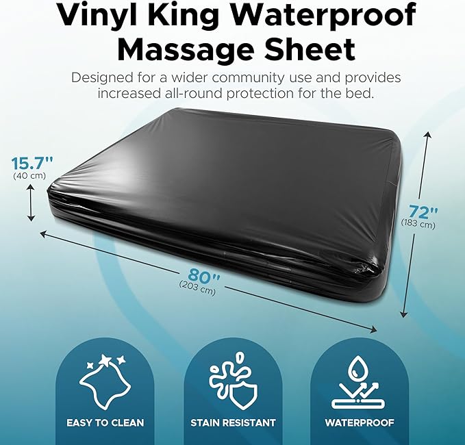 Black Vinyl King Waterproof Fitted Massage Bed Sheet with Side Pocket | Mattress Protector, Bed Cover for Nuru Massage - Oil, Water-Based, Silicone Safe | 72″ x 80″ +15.7″ Deep Pocket
