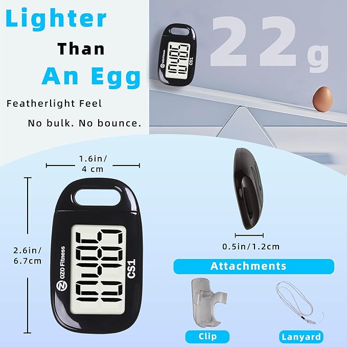 OZO Fitness Clip-on 3D Pedometer for Walking Steps Counter with Lanyard, Simple Exercise Tracker for Women and Seniors with Large Accurate Digital Display, Portable Minimalist Sports Monitor