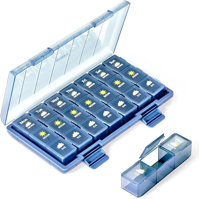 Pill Organizer 3 Times a Day, Daily Pill Box with Morning Noon Night Compartments, Portable Medicine Organizer for Travel, Work & Home (Blue)