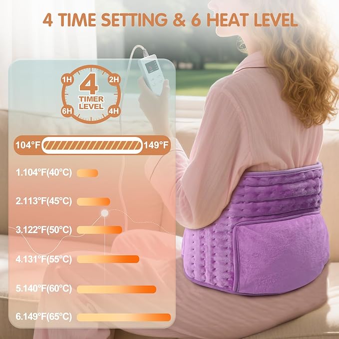 Heating Pad Back Pain Relief Electric Heating Pad for Period Cramps Lower Back Neck Shoulders Pain Relief 6-Hour Auto Off 12x24 Heated Pad + 20" Belt 4 Timer 6 Heat Level Wrap (Lilac)