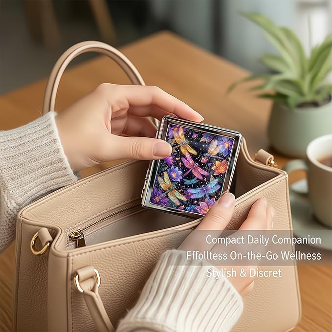 Metal 7 Day Pill Organizer, Cute Small Weekly Pill Case with 8 Compartments for Travel, Moisture-Proof Medicine Holder for Purse, Compact Daily Vitamin Box (Glow Dragonflies)