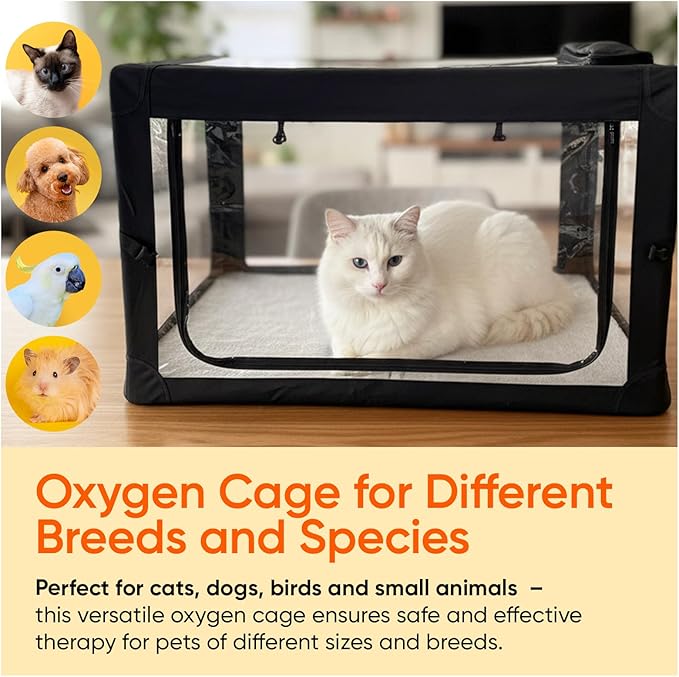 Oxygen Therapy Cage for Pets – Veterinary Oxygen & Nebulizer Chamber for Dogs, Cats, Puppies, Sheep – Portable Oxygen Concentrator with Tubing Kit, Soft Mat, Venturi Adapters, Nebulizer, T-Fitting
