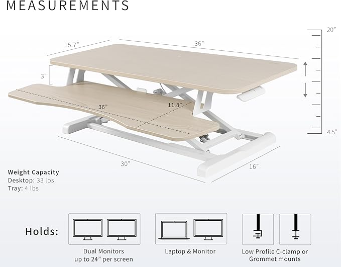 VIVO 36 inch Desk Converter, K Series, Height Adjustable Sit to Stand Riser, Dual Monitor and Laptop Workstation with Wide Keyboard Tray, Light Wood Top, White Frame, DESK-V036KF