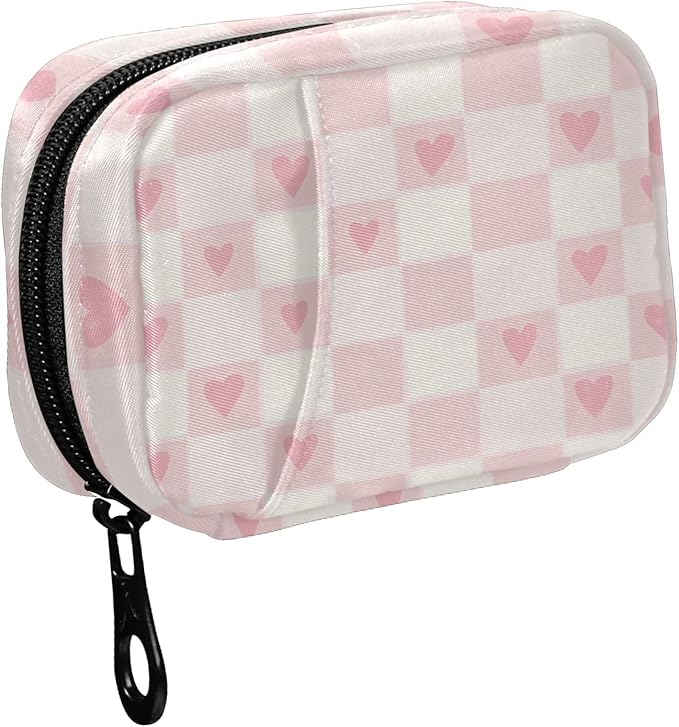 Fustylead Hearts on Pink and White Checkered Travel Pill Organizer Bag with Zipper Small Pill Box 7 Day Pill Case for Purse Storage Weekly Vitamin Medicine Supplement
