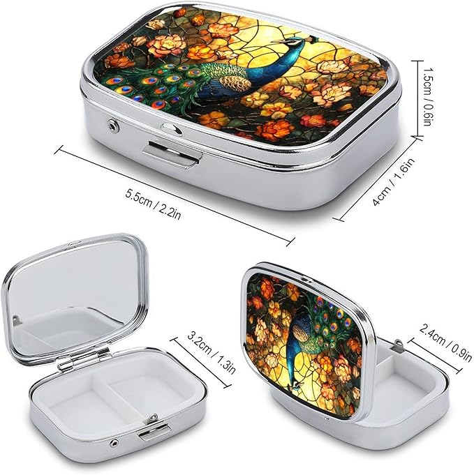 Color Peacock Pill Box 2 Compartment Stained Glass Art Portable Medicine Pill Case Travel Pill Organizer for Pocket Purse