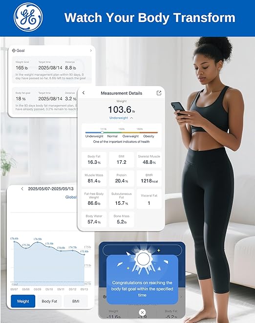 GE Smart Scale for Body Weight and Fat, Digital Bathroom Scales BMI Body Fat - Bluetooth 13 Body Composition Monitor for Muscle Mass People with App, Accurate 400lb Weighing, Battery-Black