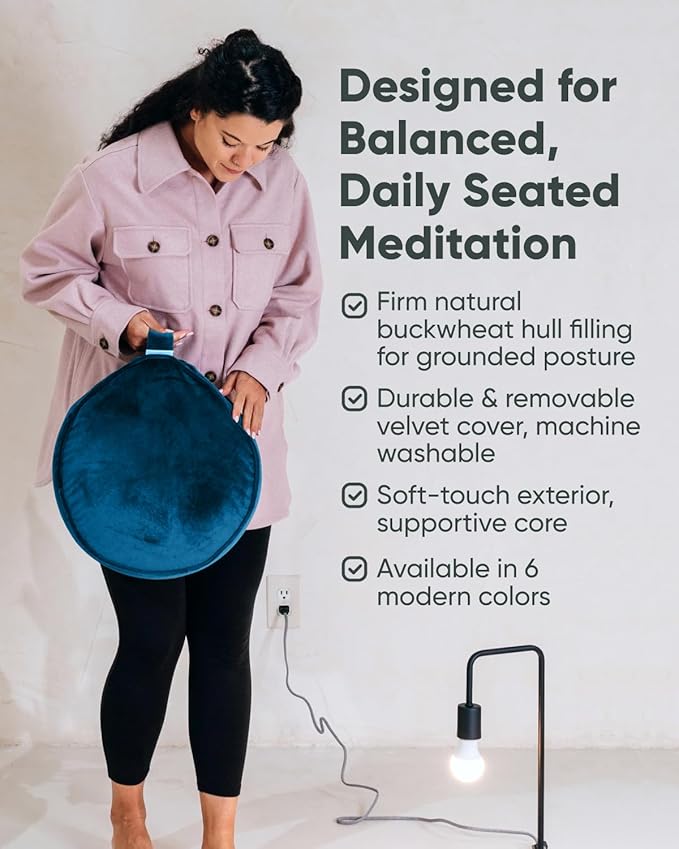 Mindful Modern Velvet Meditation Cushion | Luxe Zafu Yoga Floor Pillow Seat | Posture Support | Buckwheat Hull Filled | Large Round Cushion with Removable Washable Cover + Carry Handle