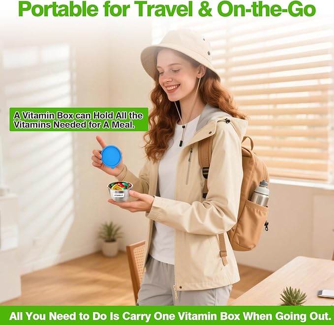 Palksky Travel Vitamin Organizer Stainless Steel, Supplement Travel Organizer for 7 Different Vitamins, Wide Opening & Sealed Lids, Portable Box Storage for Fish Oils, Pills, Supplements (2.4Oz)