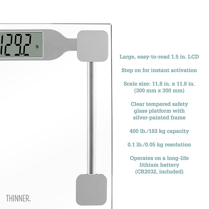 Thinner by Conair Scale for Body Weight, Digital Bathroom Scale in Clear Tempered Glass