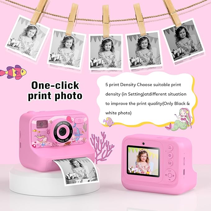 Instant Print Camera for Kids Age 3-12 Girls Boys 1080P HD Digital Video Cameras with 5 Print Paper & 32G Card Toddler Portable Travel Toys Camera for Christmas Birthday Gifts