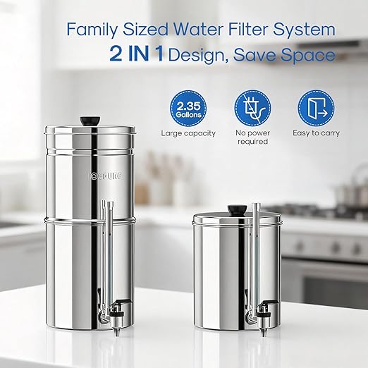 ICEPURE 2.25G Gravity-fed Water Filter System with Sight Glass Spigot, 304 Stainless Steel Countertop System, 2 Black Carbon Filters, Reduce 99% Chlorine, Lead for Home, Camping, Emergencies