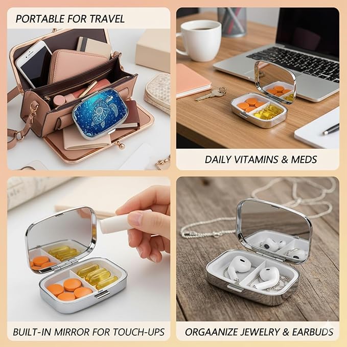 Square Pill Case Small Pill Box with Mirror Pocket 2 Compartment Vitamin Pill Medicine Case Organizer Pill Containers for Traveling Wave Sea Turtle