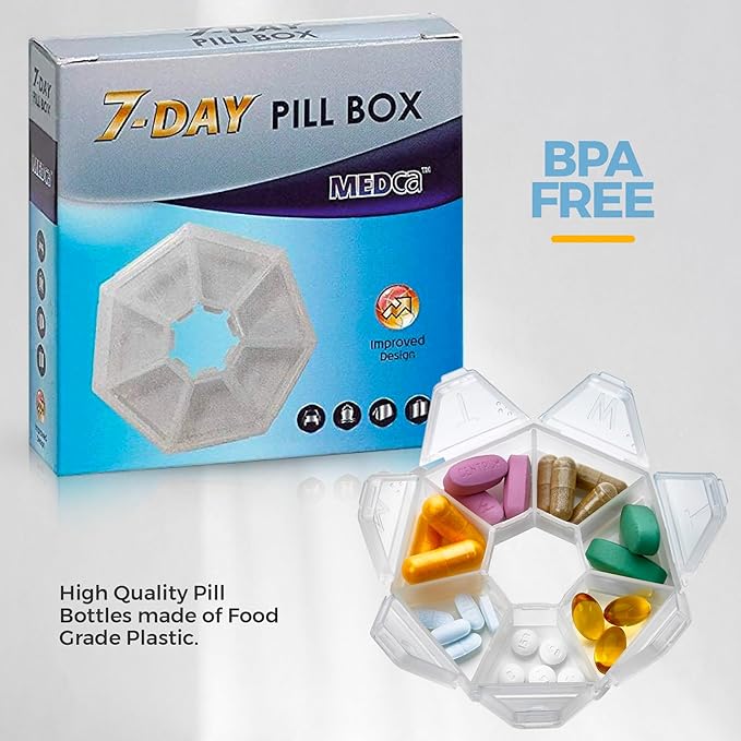 MEDca Weekly Pill Organizer Clear 7-Sided Pill Reminder, Hexagon Shaped