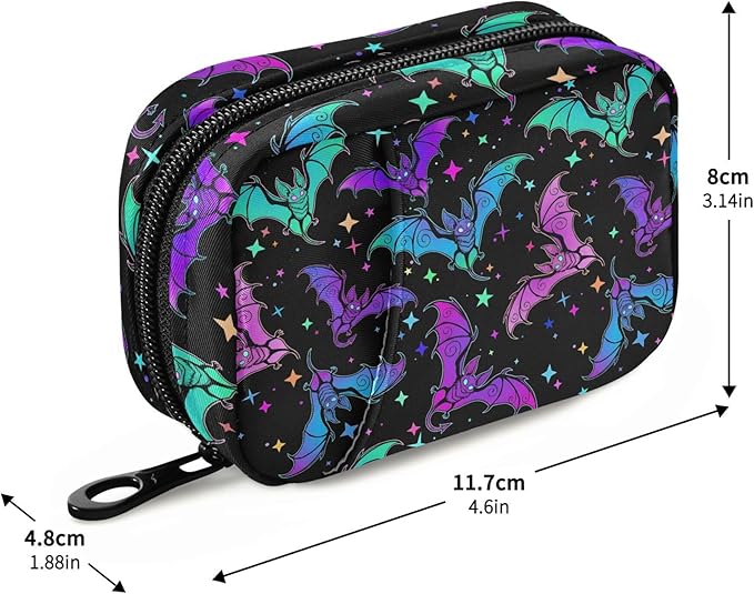Travel Pill Organizer Bag Weekly Pill Organizer Case Goth Halloween Luminous Bats Portable Small Daily Pill Boxes for Vitamin Fish Oils Supplement Holder with Zipper Compact Size